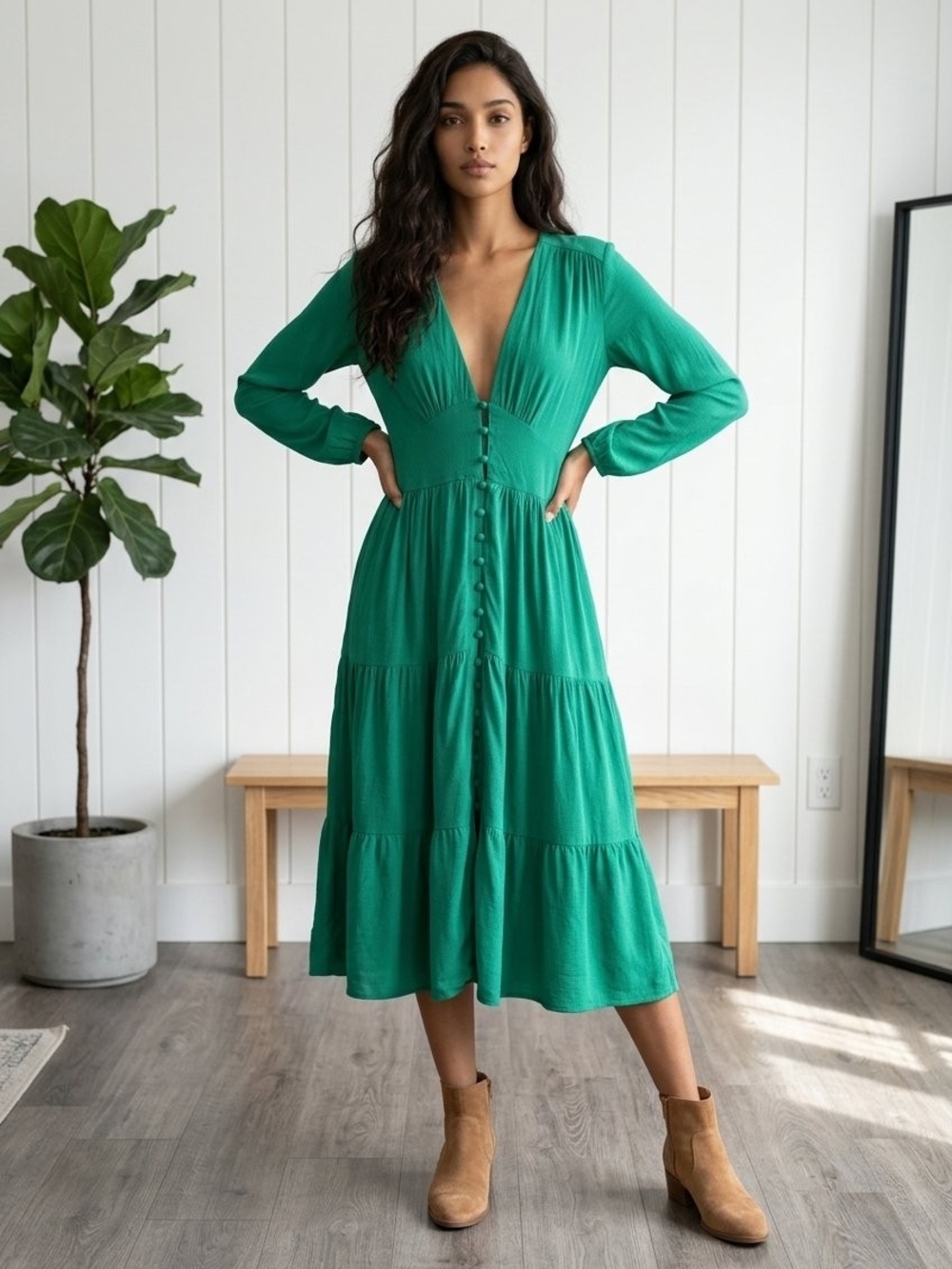 V-Neck Sleeveless Tiered Midi Dress in Green